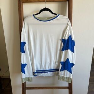 Free People Look-Alike White Long-Sleeve Shirt with Blue + Green Suede Accents